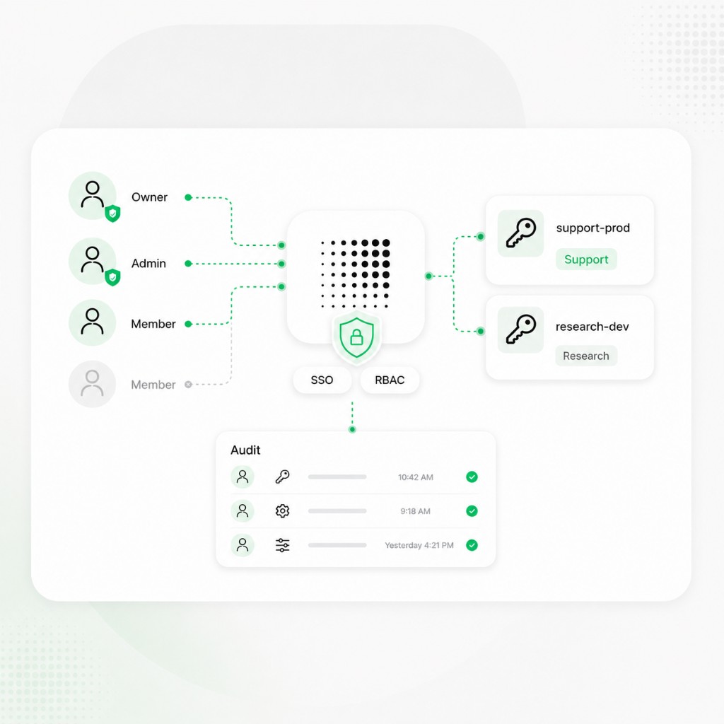 Access control flow showing owner, admin, and member roles connected through SSO and RBAC to scoped API keys and audit logs