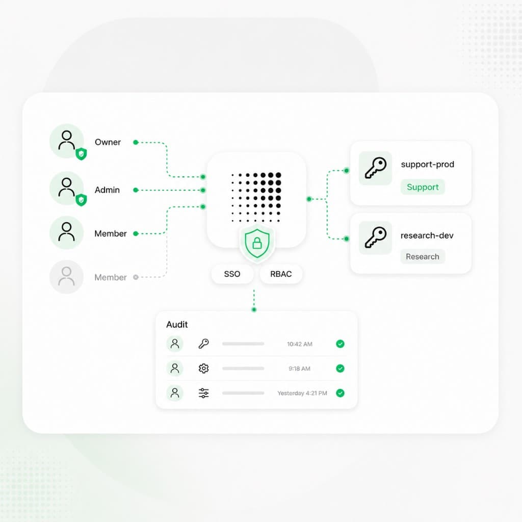 Access control flow showing owner, admin, and member roles connected through SSO and RBAC to scoped API keys and audit logs