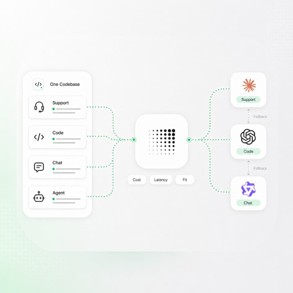 Diagram showing support, code, chat, and agent workloads routed by cost, latency, and use case to model providers with fallbacks
