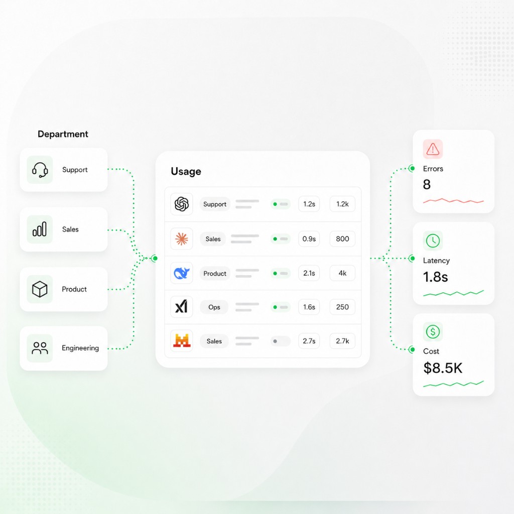 Dashboard showing AI usage by department and provider with errors, latency, and cost summary cards