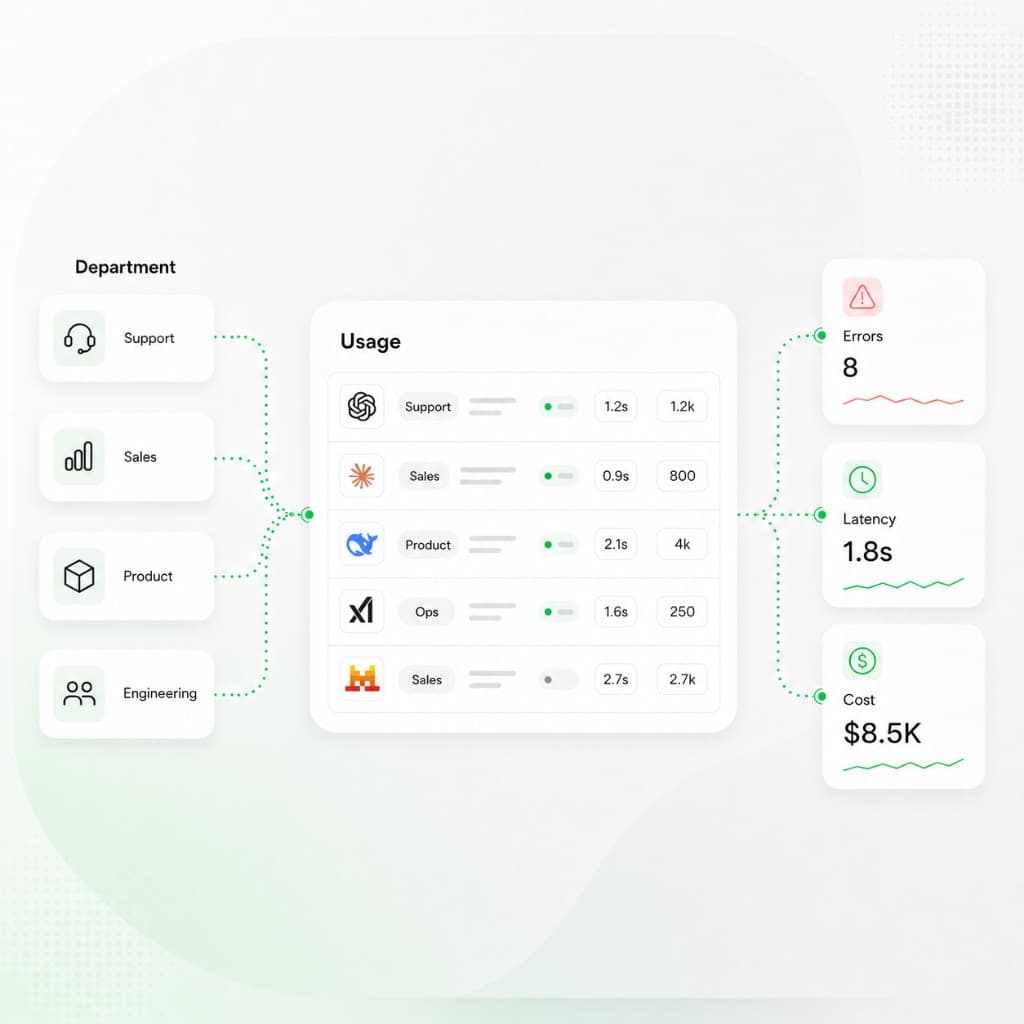Dashboard showing AI usage by department and provider with errors, latency, and cost summary cards